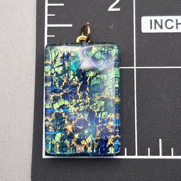 Murano Dichroic Glass Pendant 1.25 x.75" Blue Green Foil Gold-Tone Bail - Picture 4 of 5